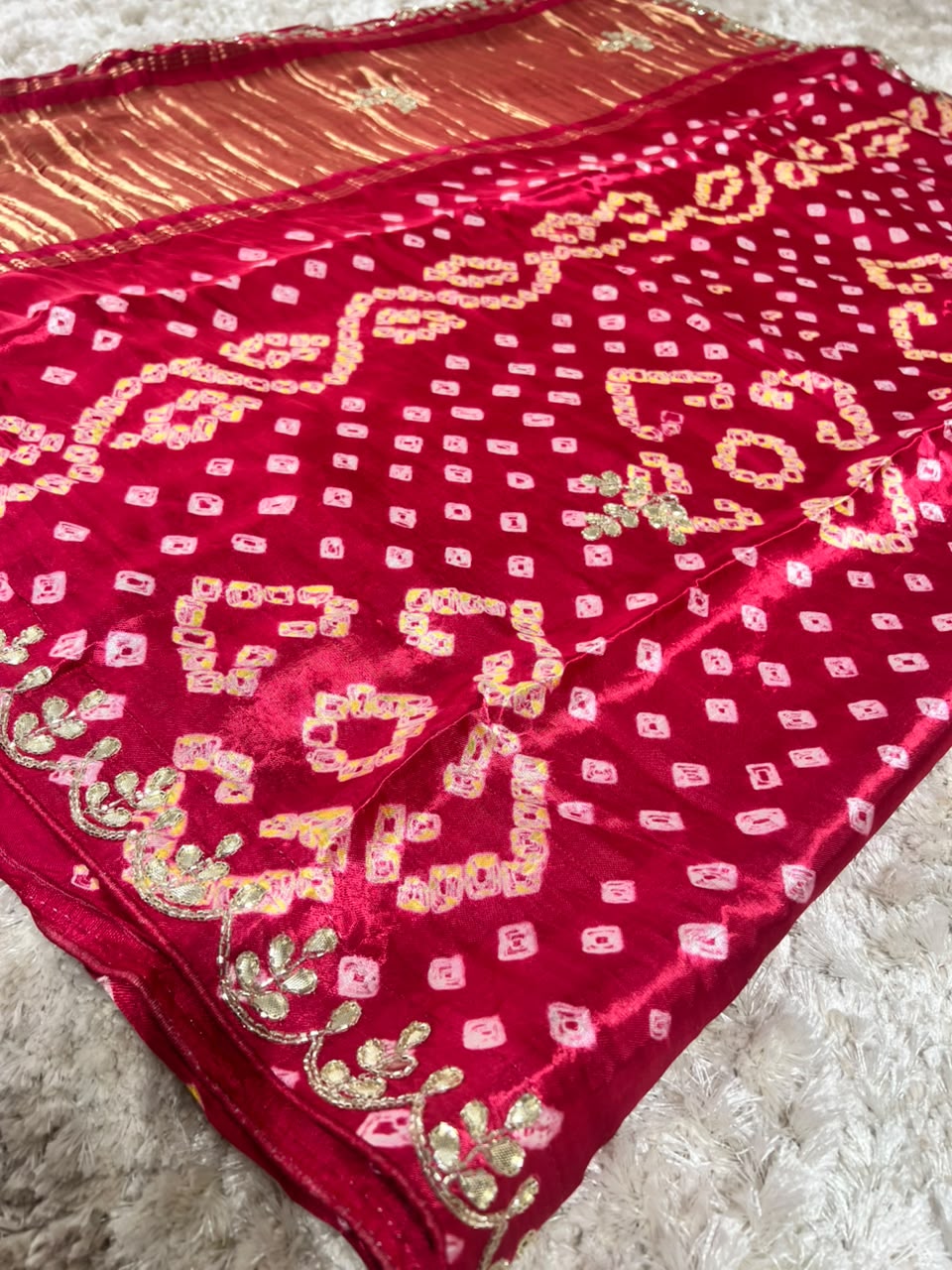 Beautiful Pure Gajji Silk Bandhini Saree with Gota and Pearl Work