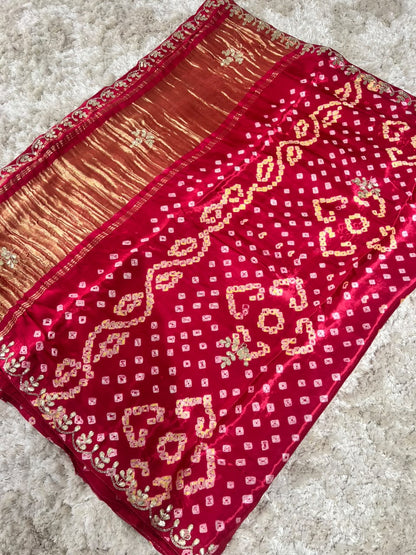 Beautiful Pure Gajji Silk Bandhini Saree with Gota and Pearl Work