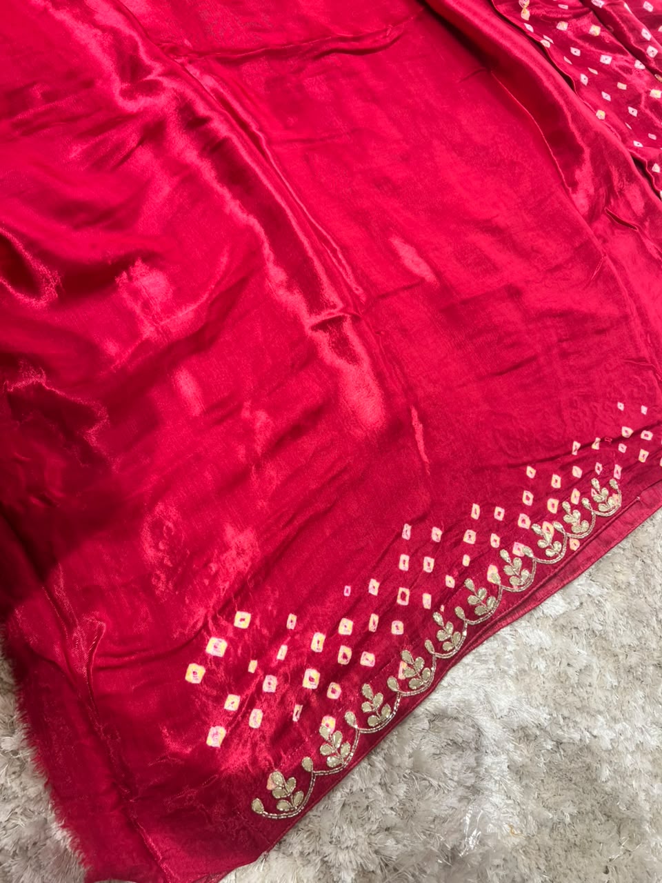 Beautiful Pure Gajji Silk Bandhini Saree with Gota and Pearl Work