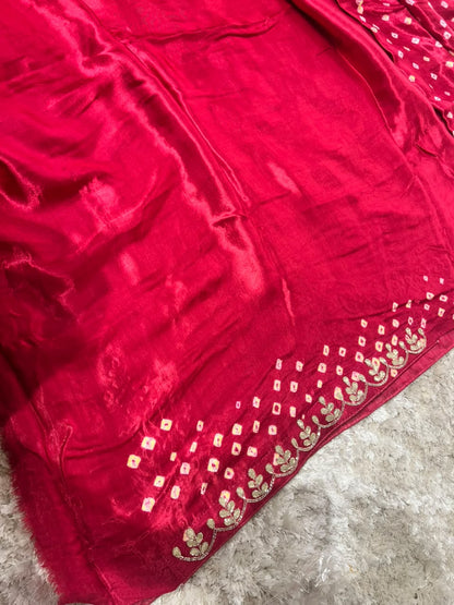 Beautiful Pure Gajji Silk Bandhini Saree with Gota and Pearl Work