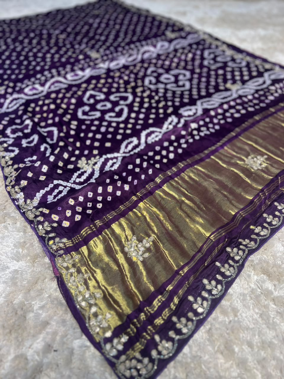 Beautiful Purple Color Pure Gajji Silk Bandhini Saree with Gota and Pearl Work