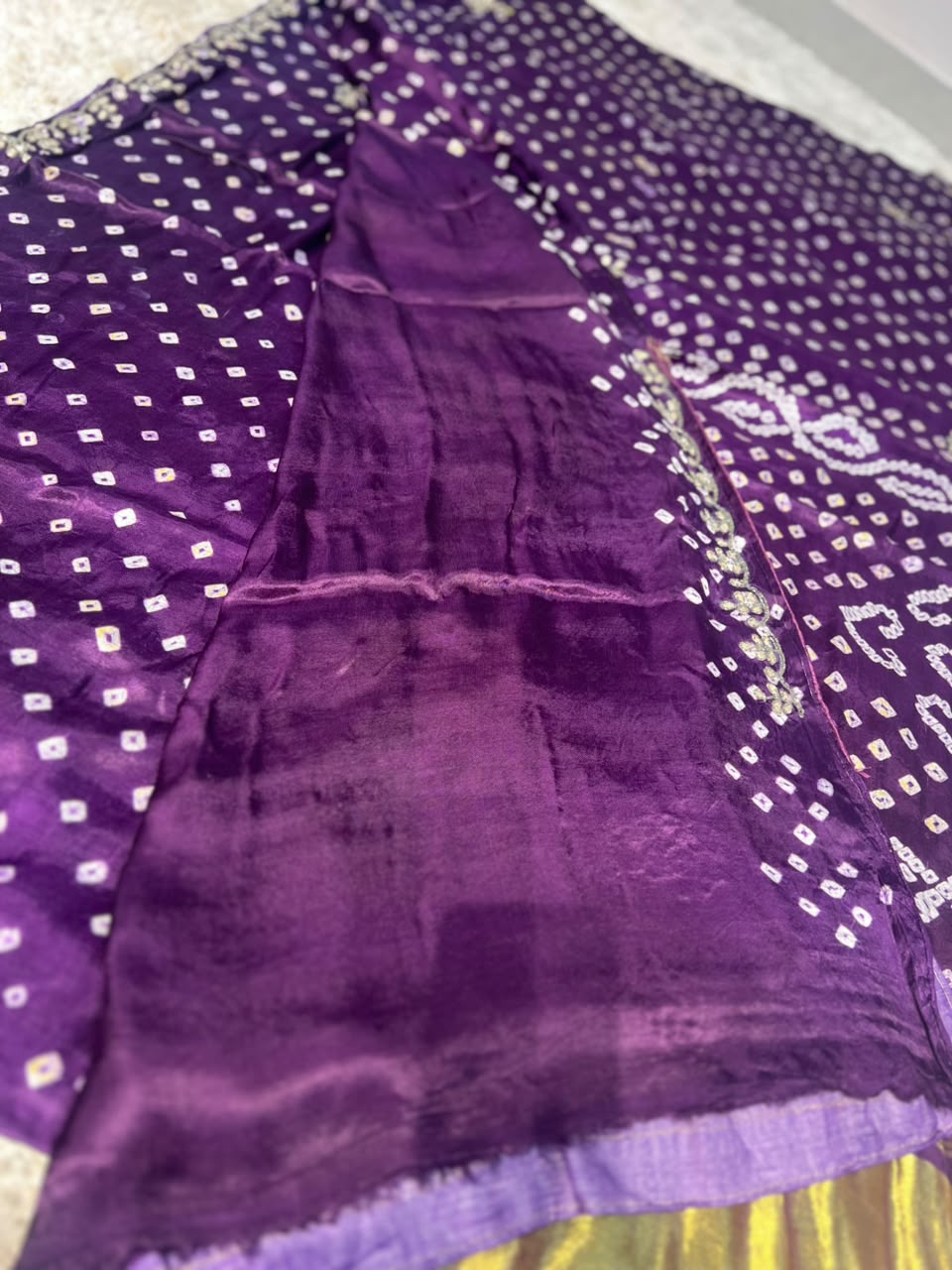 Beautiful Purple Color Pure Gajji Silk Bandhini Saree with Gota and Pearl Work