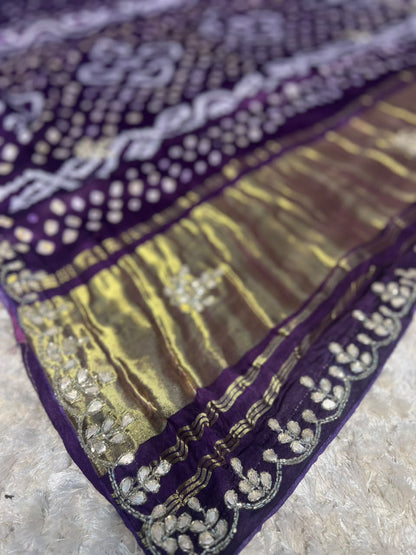 Beautiful Purple Color Pure Gajji Silk Bandhini Saree with Gota and Pearl Work