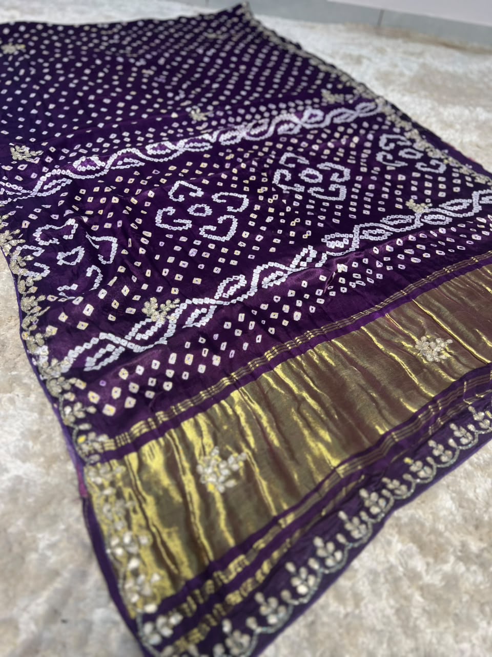 Beautiful Purple Color Pure Gajji Silk Bandhini Saree with Gota and Pearl Work