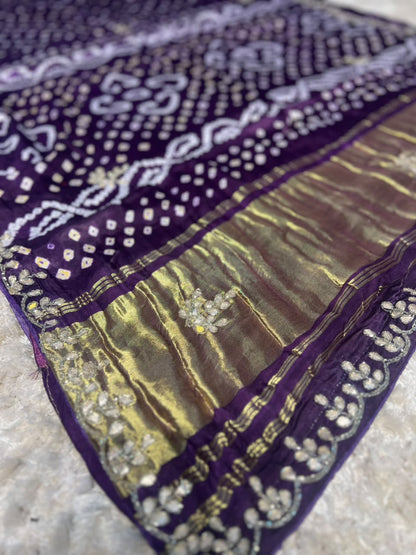 Beautiful Purple Color Pure Gajji Silk Bandhini Saree with Gota and Pearl Work