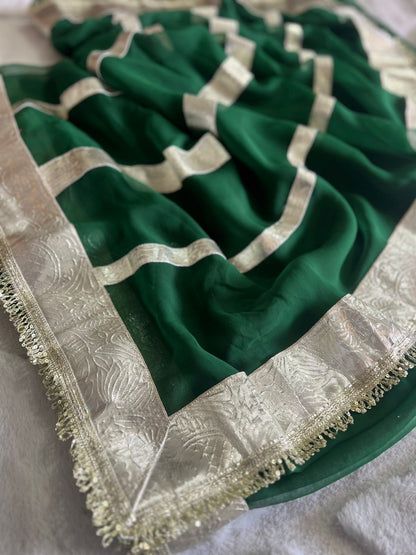 Bottle Green Colour Celebrity Inspired Gota Chiffon Saree with Same Fabric Blouse in Running