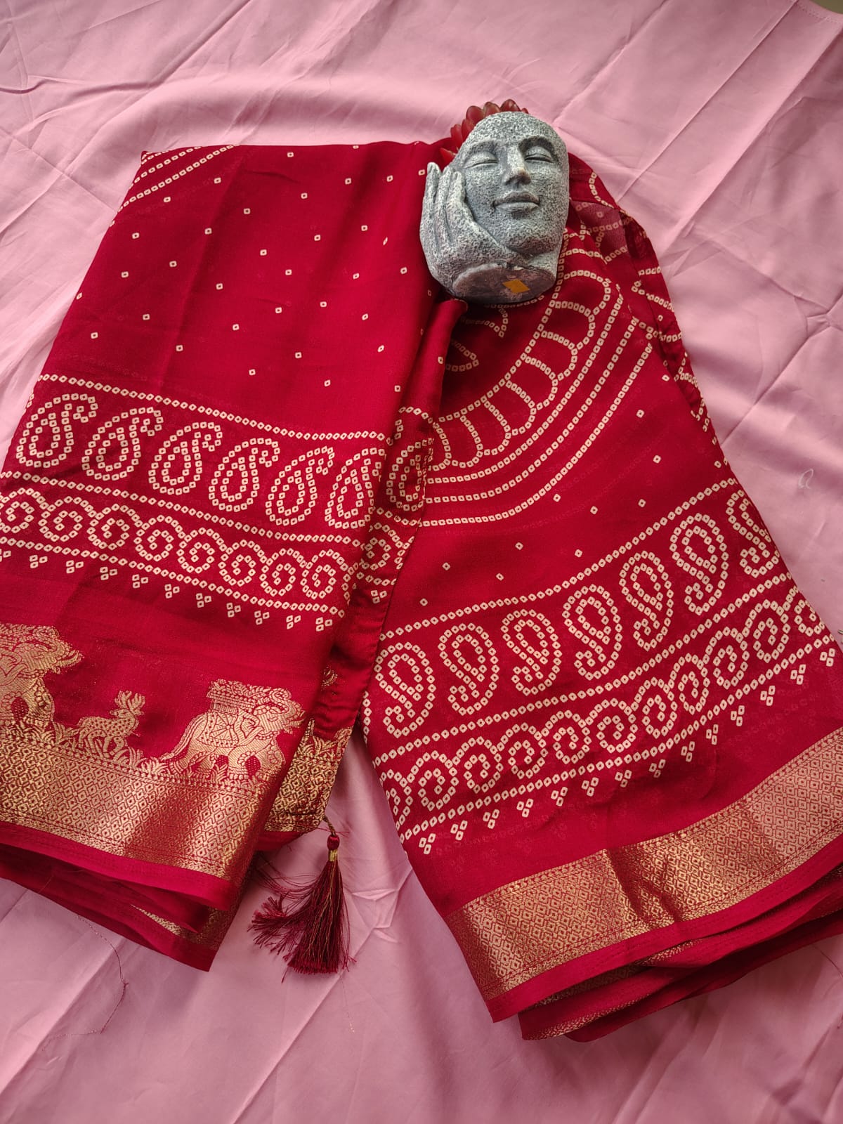 Beautiful Red Color Bandhini Mosmelo Saree with Designer Border