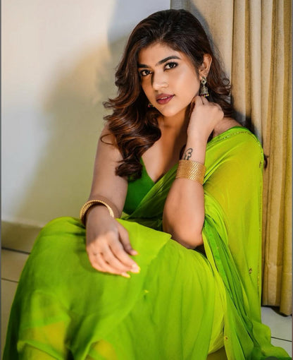 Yellow and Green Shaded Soft Chiffon Boota Work Saree with Same Fabric Blouse Piece