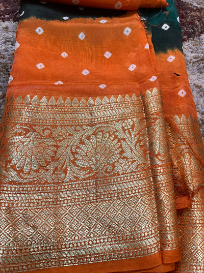 Bottle Green and Orange Soft Silk Banarasi Saree with Running Blouse