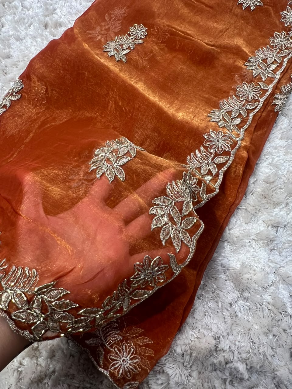Beautiful Rust Golden Designer Tissue Saree