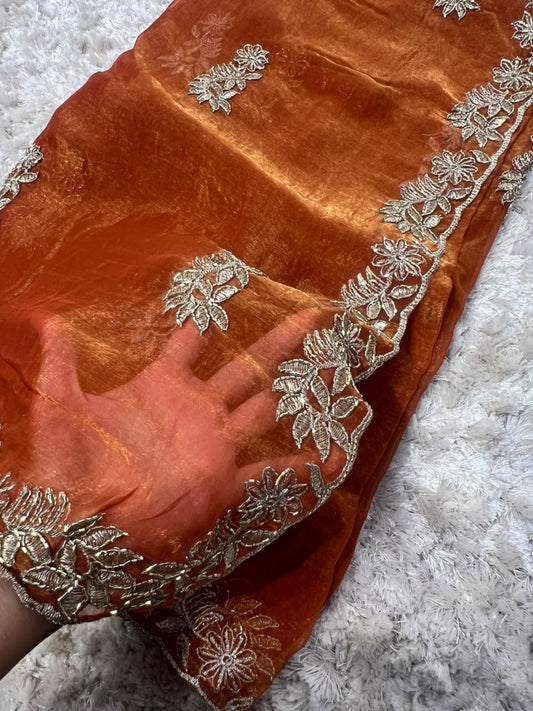 Beautiful Rust Golden Designer Tissue Saree