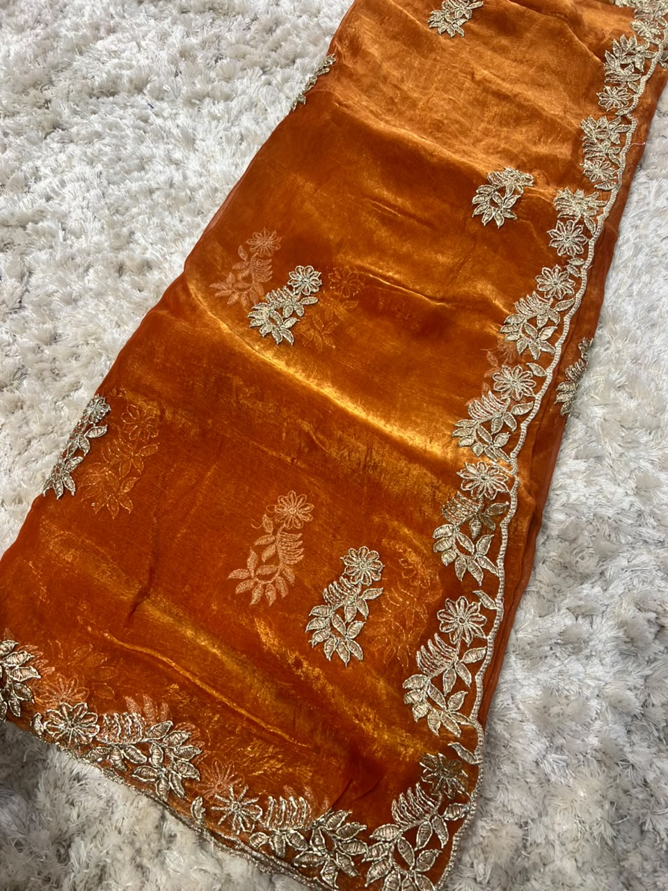 Beautiful Rust Golden Designer Tissue Saree
