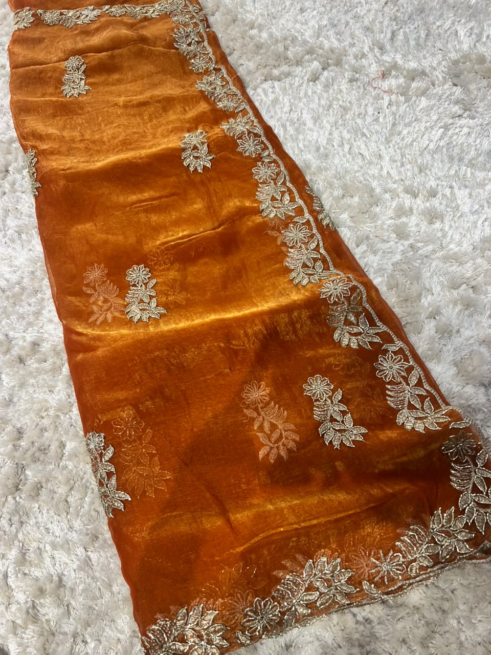 Beautiful Rust Golden Designer Tissue Saree