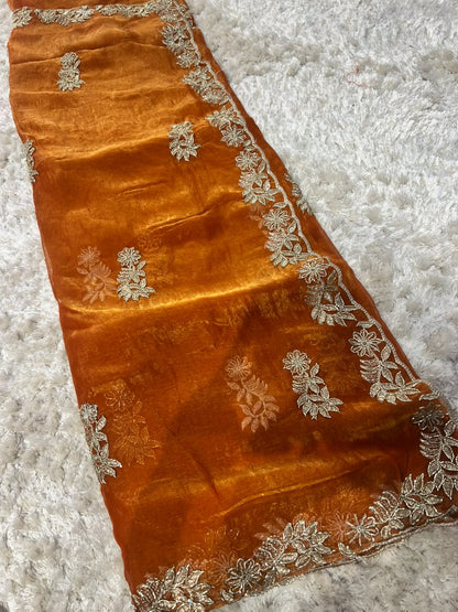 Beautiful Rust Golden Designer Tissue Saree