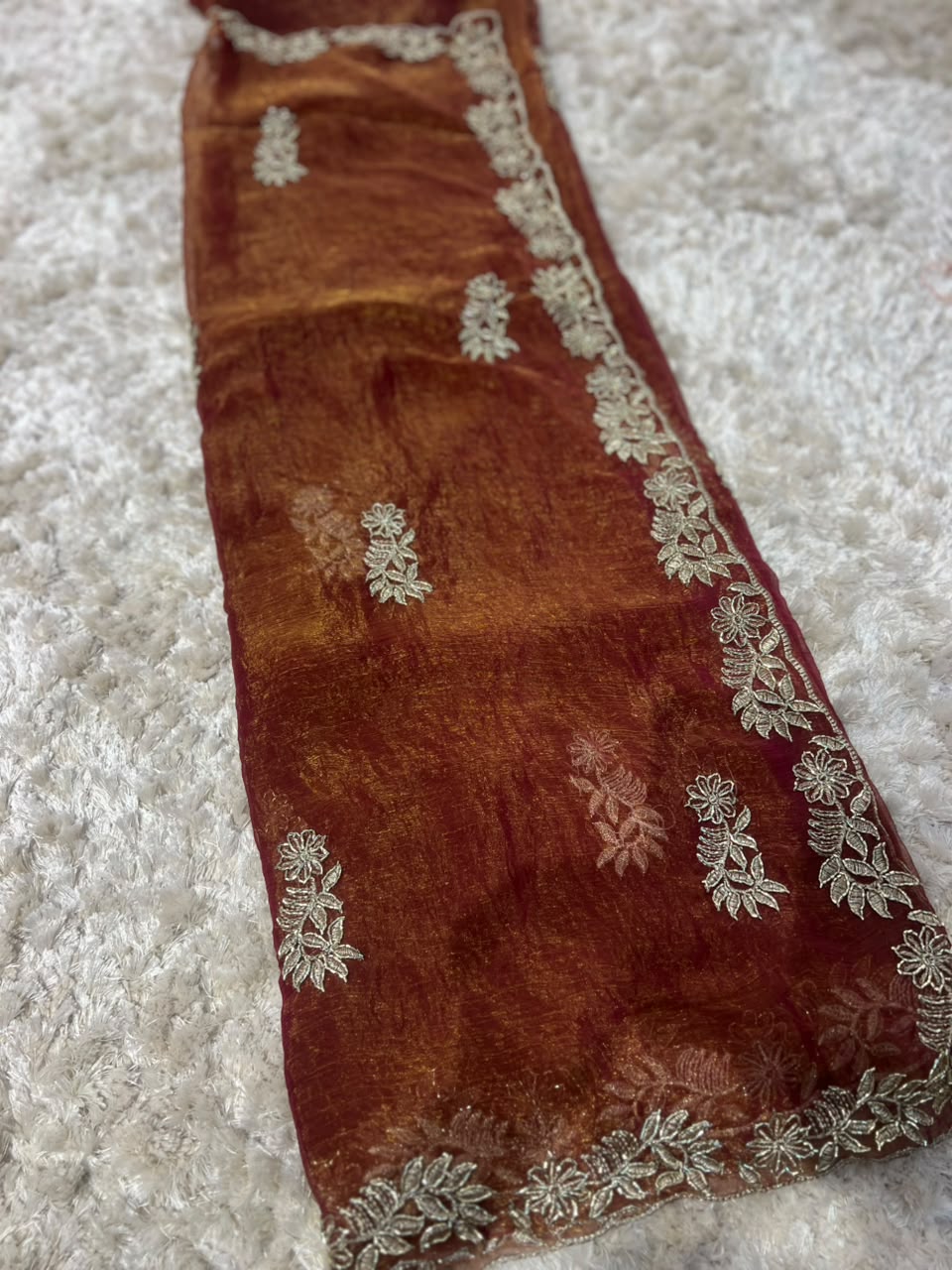 Beautiful Wine Golden Designer Tissue Saree
