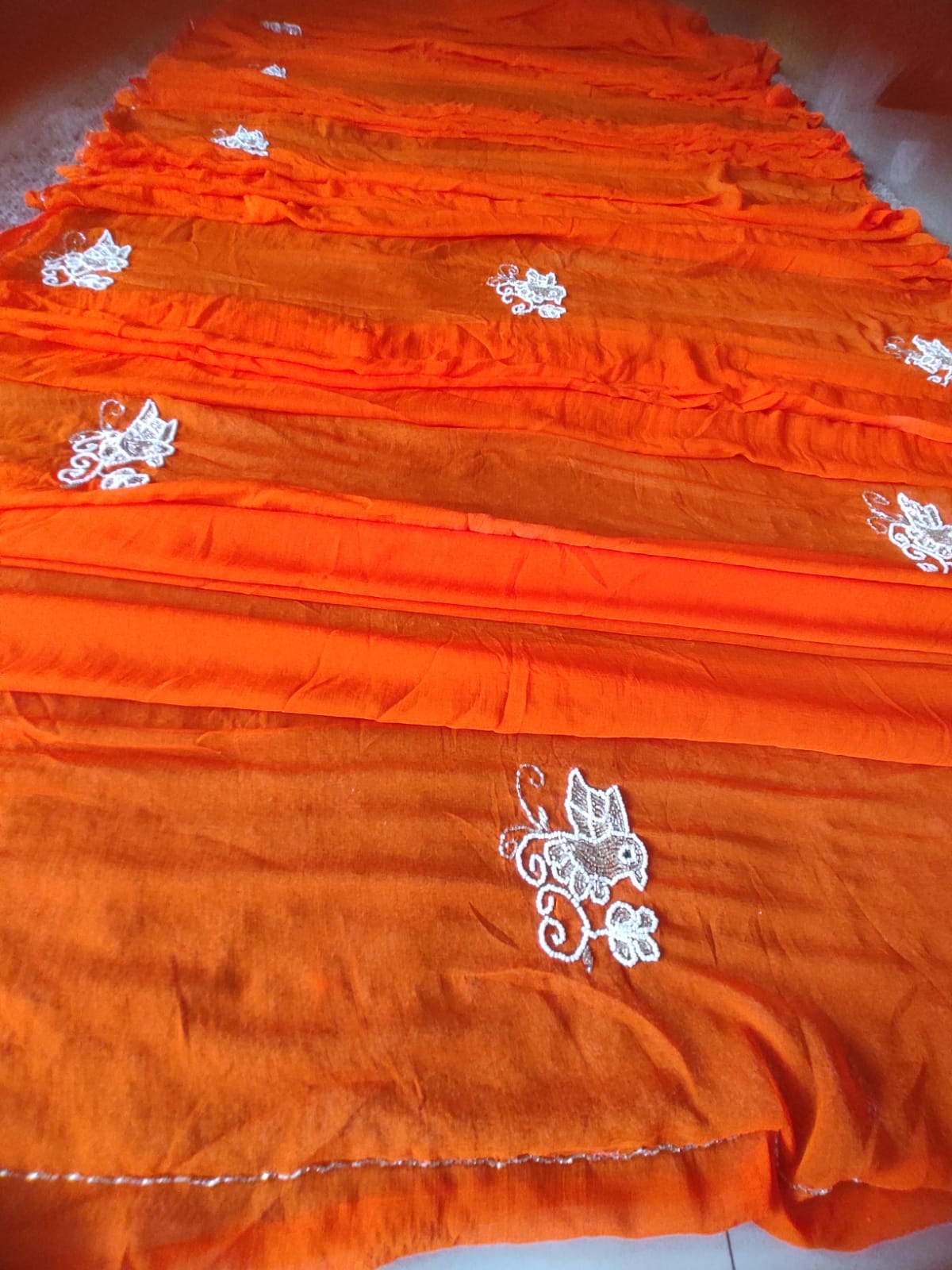 Orange Color Chiffon Saree with Bird Work and Blouse Piece