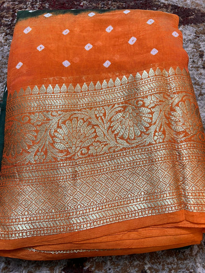 Bottle Green and Orange Soft Silk Banarasi Saree with Running Blouse