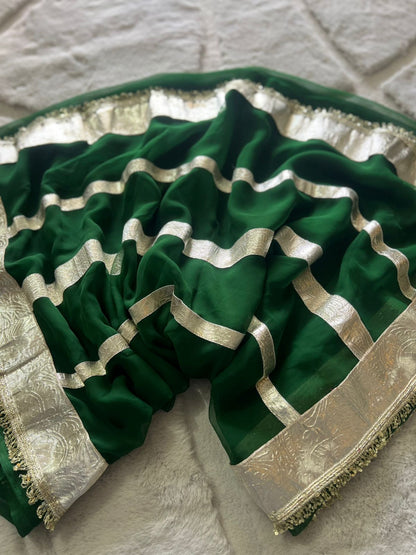 Bottle Green Colour Celebrity Inspired Gota Chiffon Saree with Same Fabric Blouse in Running