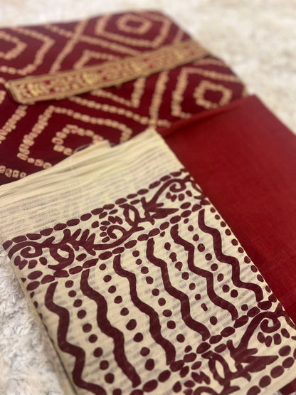 Beautiful Bandini Print Designer Suit with Lovely Malmal Dupatta (Unstitched)