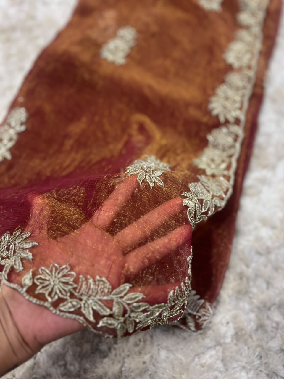 Beautiful Wine Golden Designer Tissue Saree