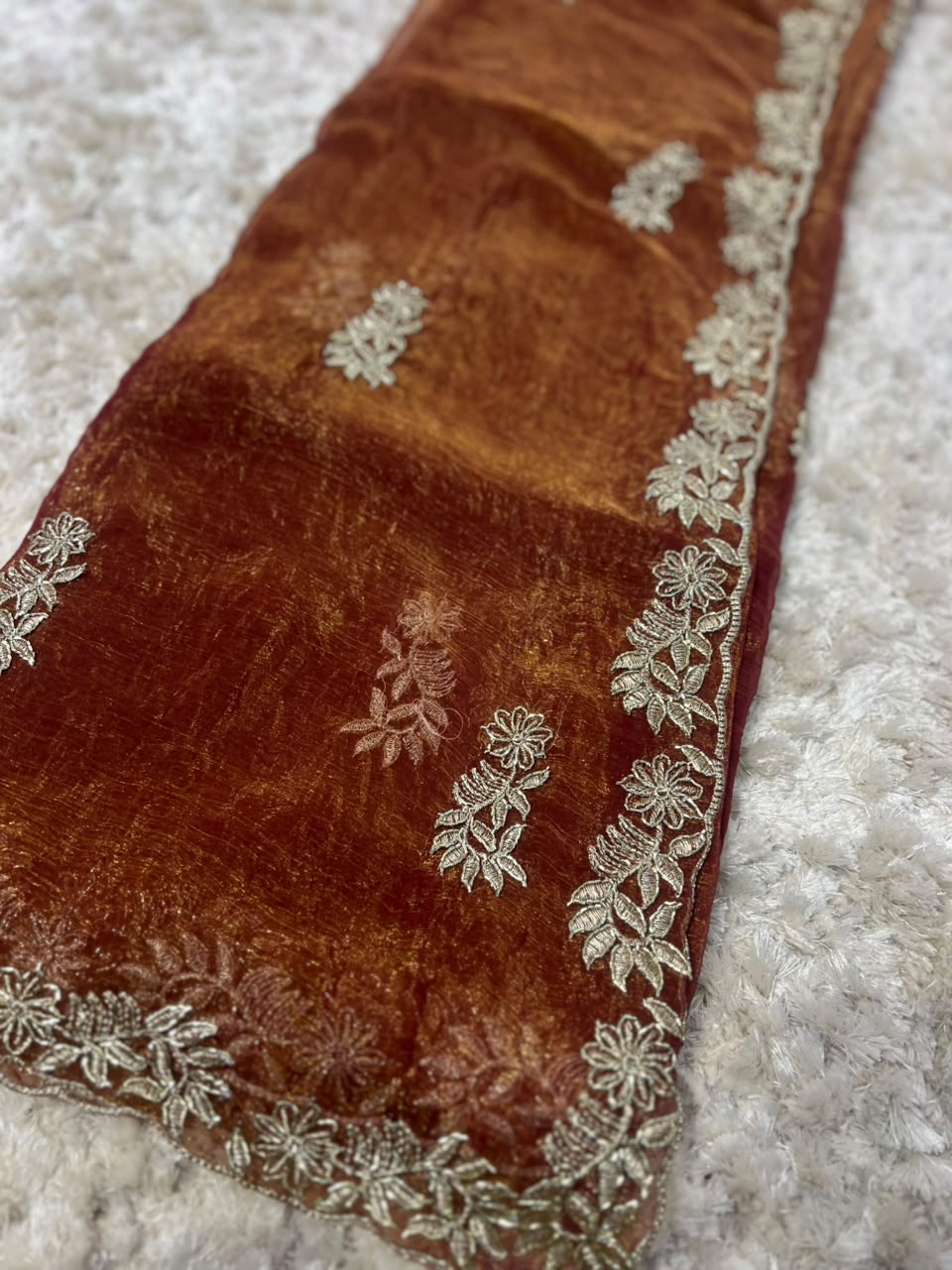 Beautiful Wine Golden Designer Tissue Saree
