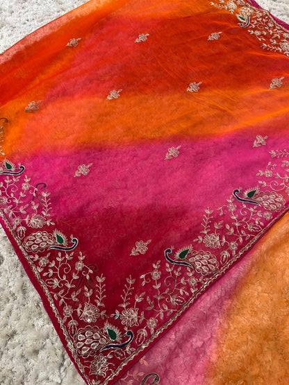 Beautiful Soft Diamond Chiffon Peacock Designer Saree with Full Heavy Blouse Piece