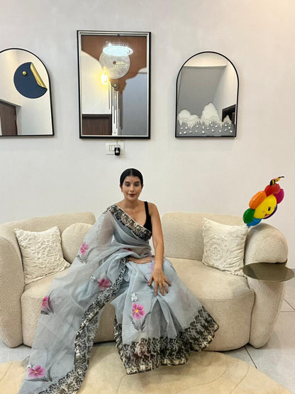 Beautiful Flower Design Kota Doriya Saree with Blouse Piece
