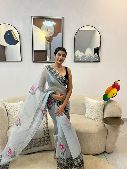 Beautiful Flower Design Kota Doriya Saree with Blouse Piece