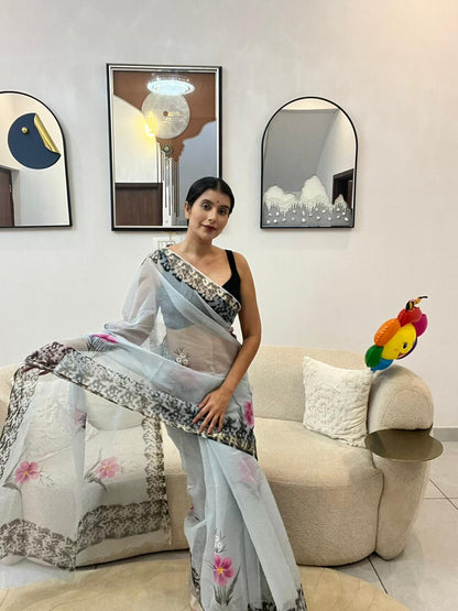 Beautiful Flower Design Kota Doriya Saree with Blouse Piece