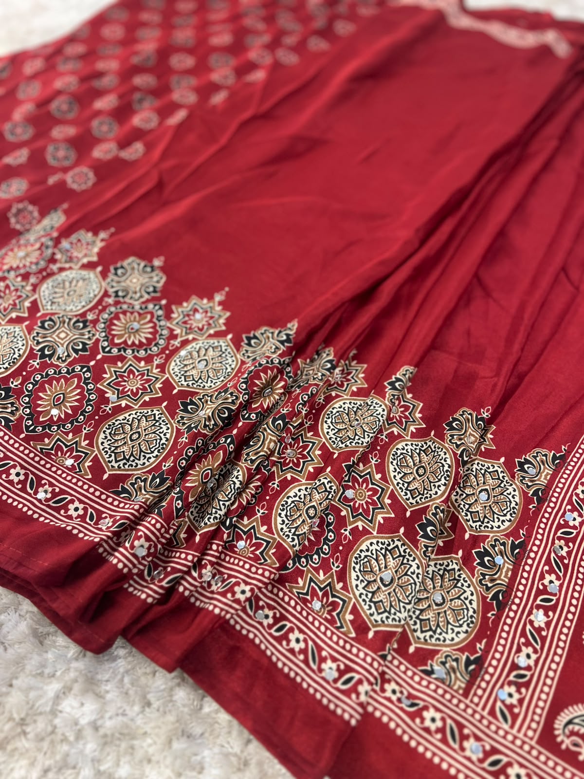 Beautiful Soft Crepe Ajrakh Print Maroon Color Saree with Mirror Work