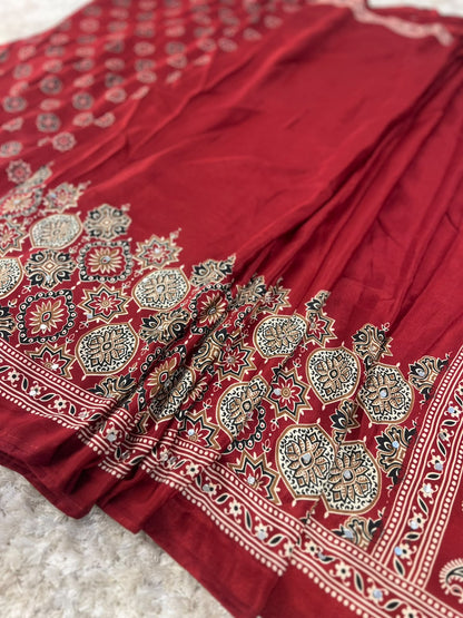 Beautiful Soft Crepe Ajrakh Print Maroon Color Saree with Mirror Work
