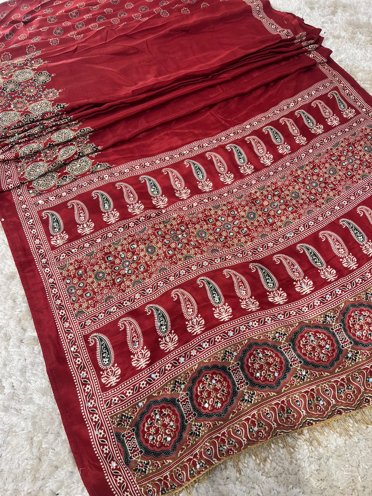 Beautiful Soft Crepe Ajrakh Print Maroon Color Saree with Mirror Work
