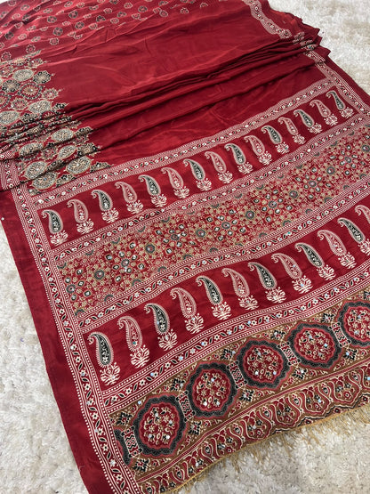 Beautiful Soft Crepe Ajrakh Print Maroon Color Saree with Mirror Work