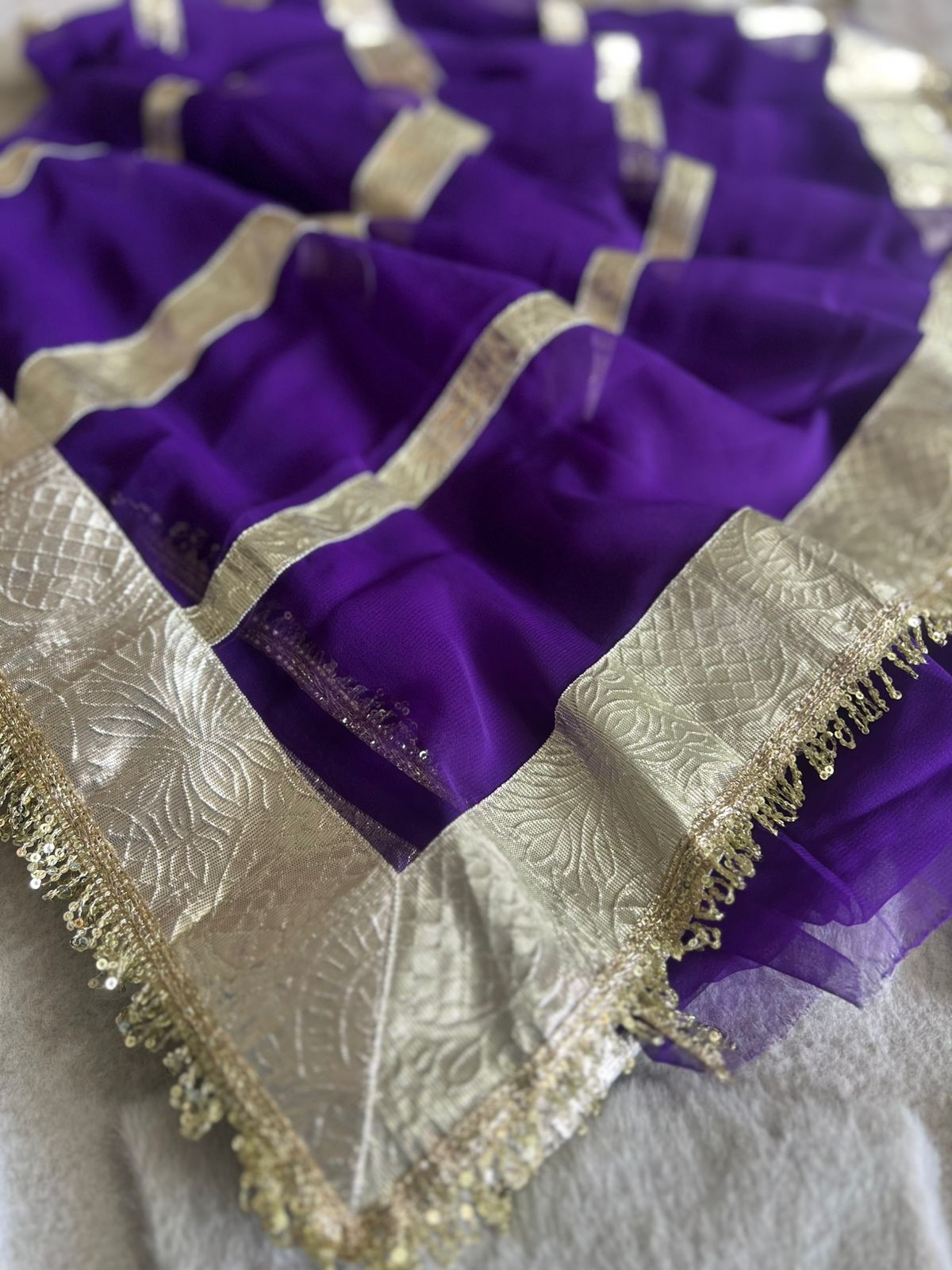 Purple Colour Celebrity Inspired Gota Chiffon Saree with Same Fabric Blouse in Running