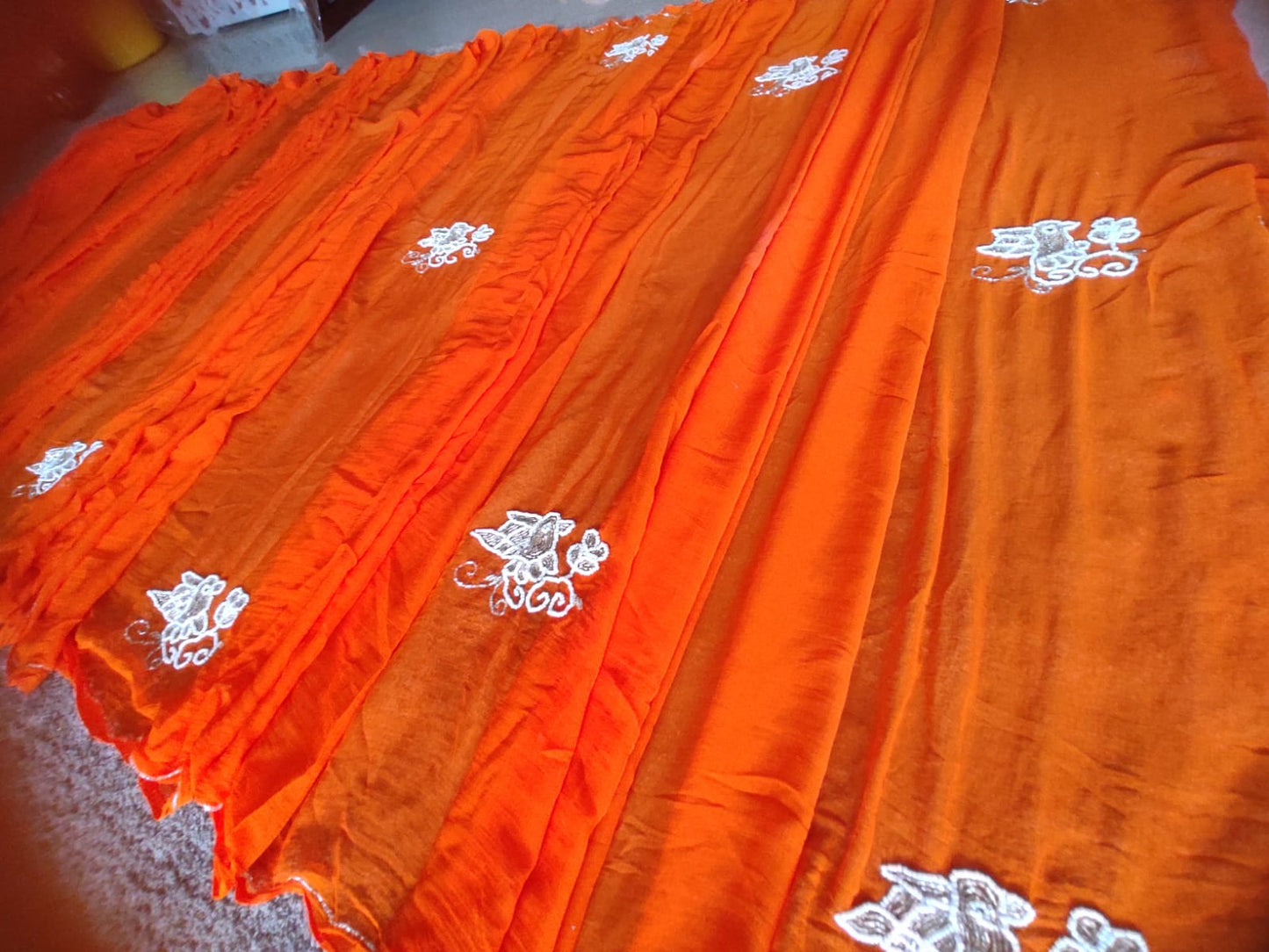 Orange Color Chiffon Saree with Bird Work and Blouse Piece