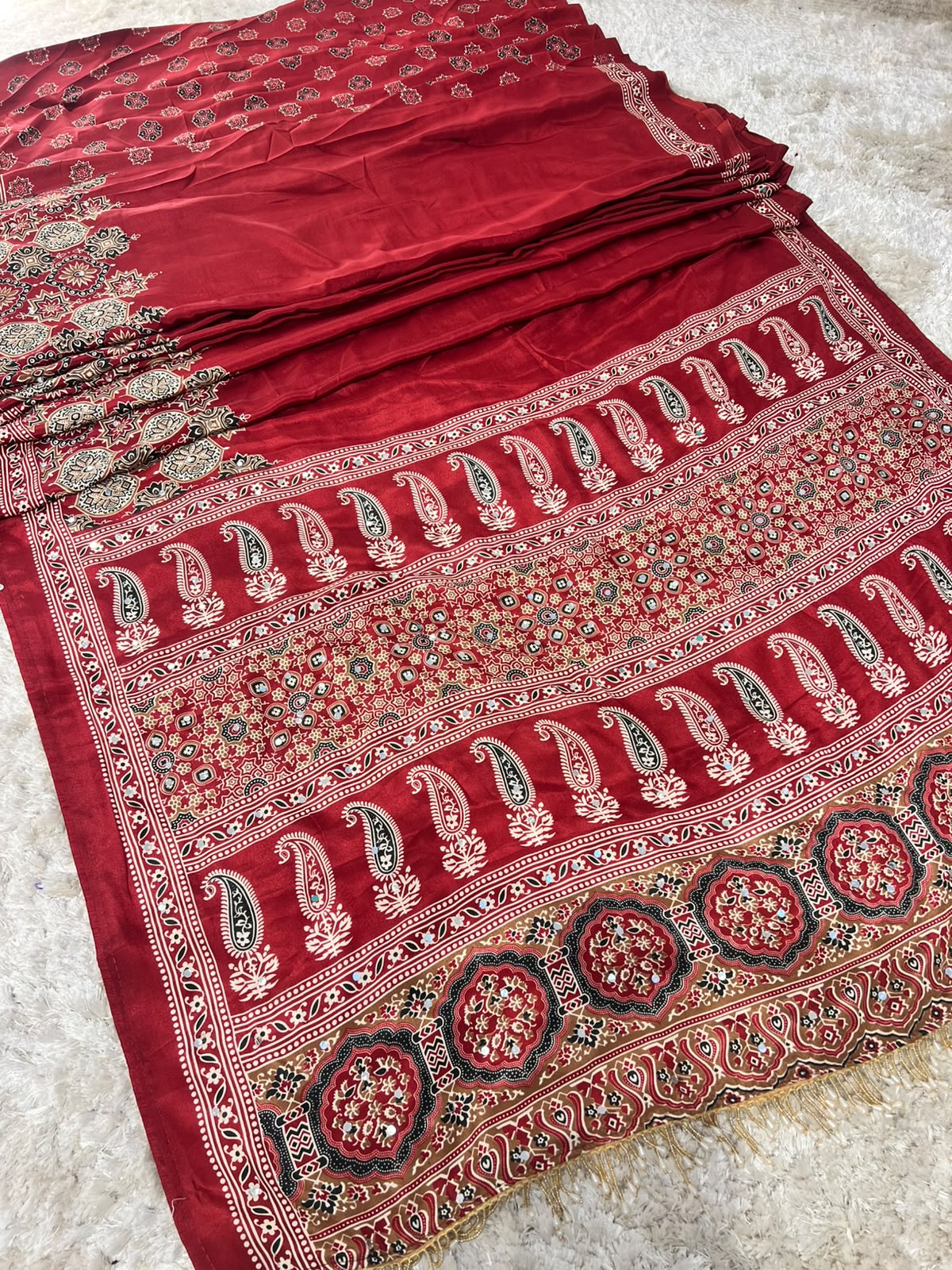 Beautiful Soft Crepe Ajrakh Print Maroon Color Saree with Mirror Work
