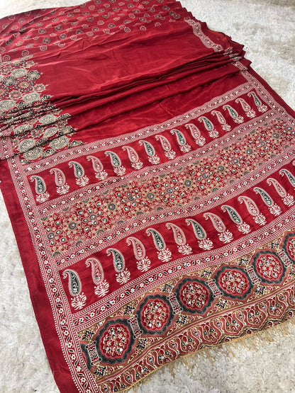 Beautiful Soft Crepe Ajrakh Print Maroon Color Saree with Mirror Work