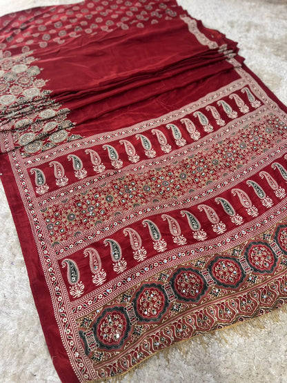 Beautiful Soft Crepe Ajrakh Print Maroon Color Saree with Mirror Work