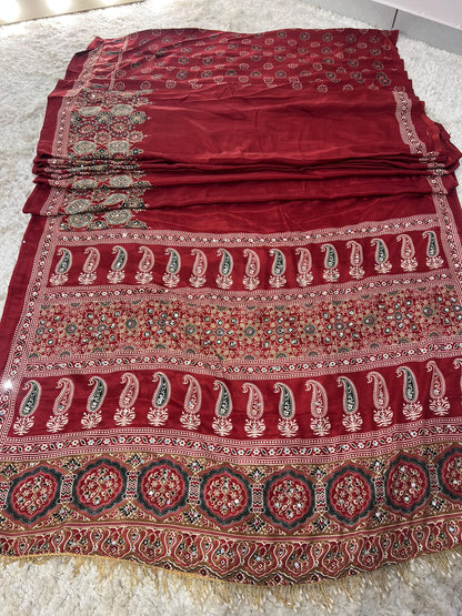 Beautiful Soft Crepe Ajrakh Print Maroon Color Saree with Mirror Work