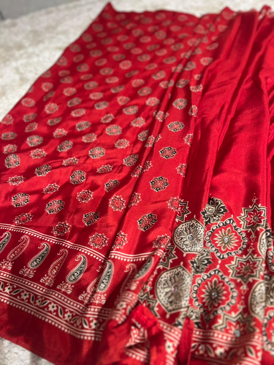 Beautiful Soft Crepe Ajrakh Print Red Color Saree with Mirror Work