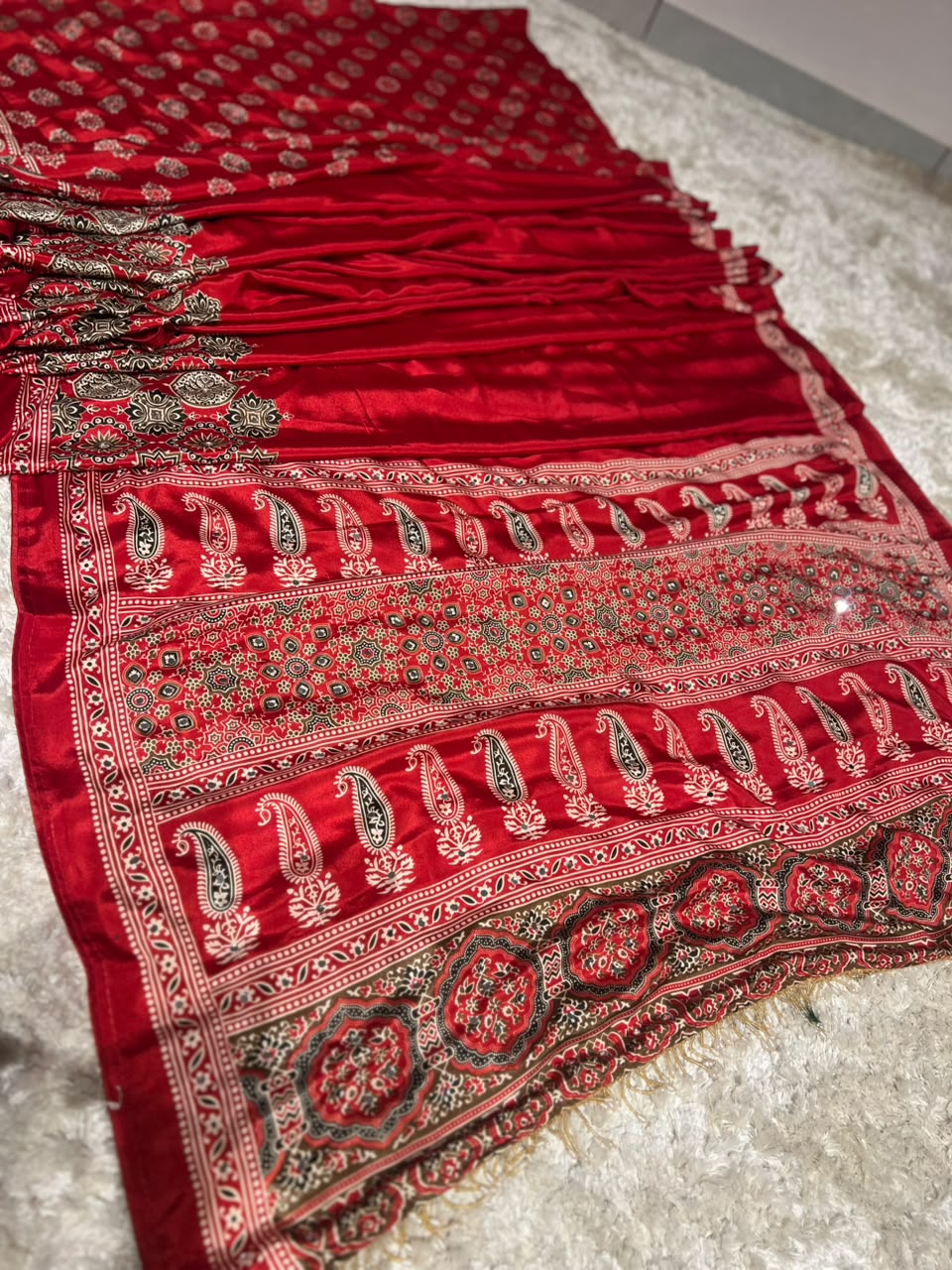 Beautiful Soft Crepe Ajrakh Print Red Color Saree with Mirror Work