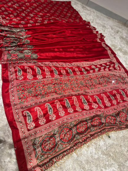 Beautiful Soft Crepe Ajrakh Print Red Color Saree with Mirror Work