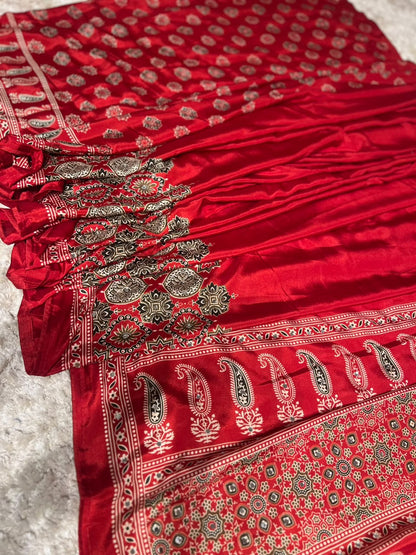 Beautiful Soft Crepe Ajrakh Print Red Color Saree with Mirror Work