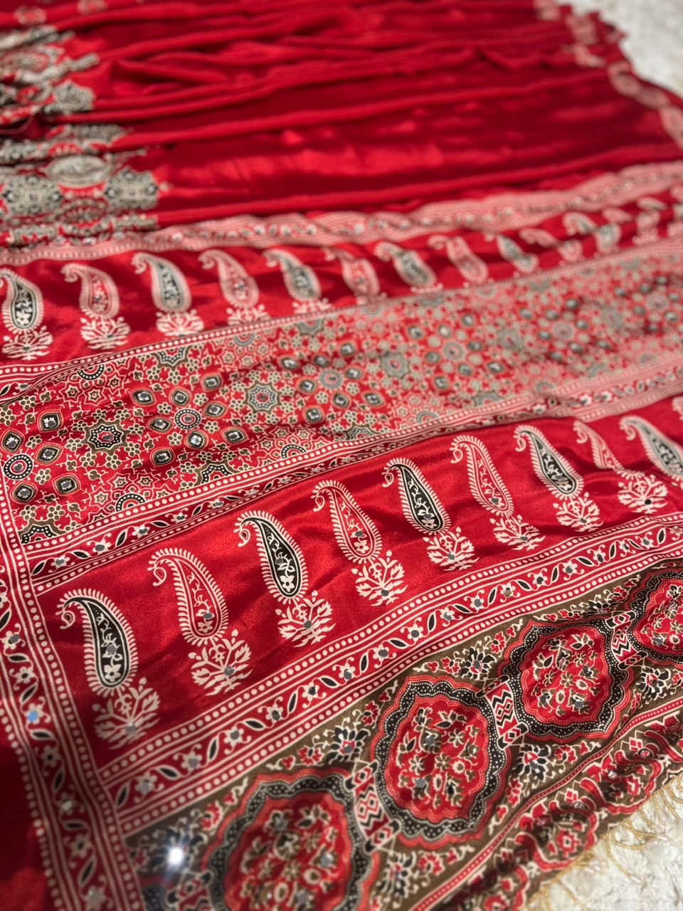 Beautiful Soft Crepe Ajrakh Print Red Color Saree with Mirror Work