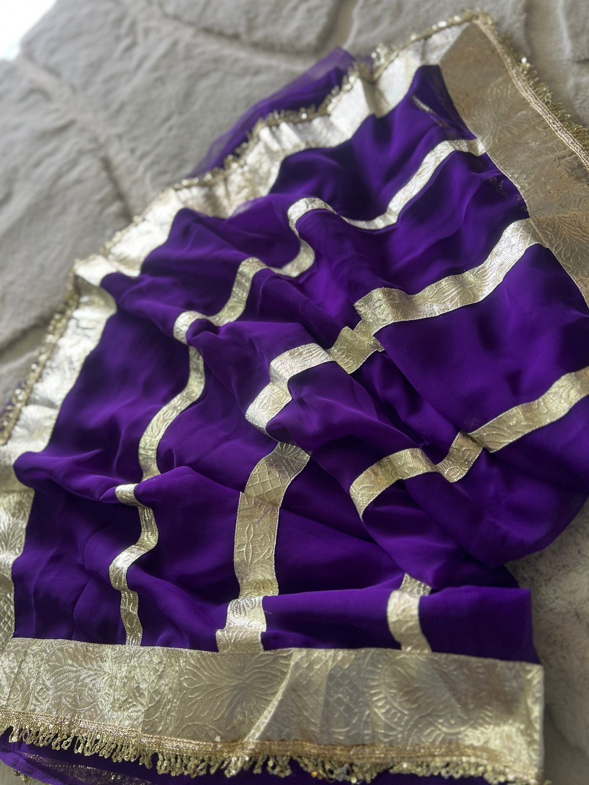 Purple Colour Celebrity Inspired Gota Chiffon Saree with Same Fabric Blouse in Running