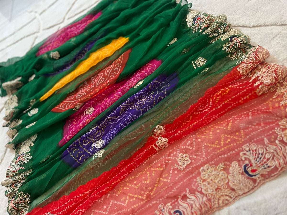 Beautiful Rajasthani Traditional Bandhini Pachrangi Saree with Blouse Piece