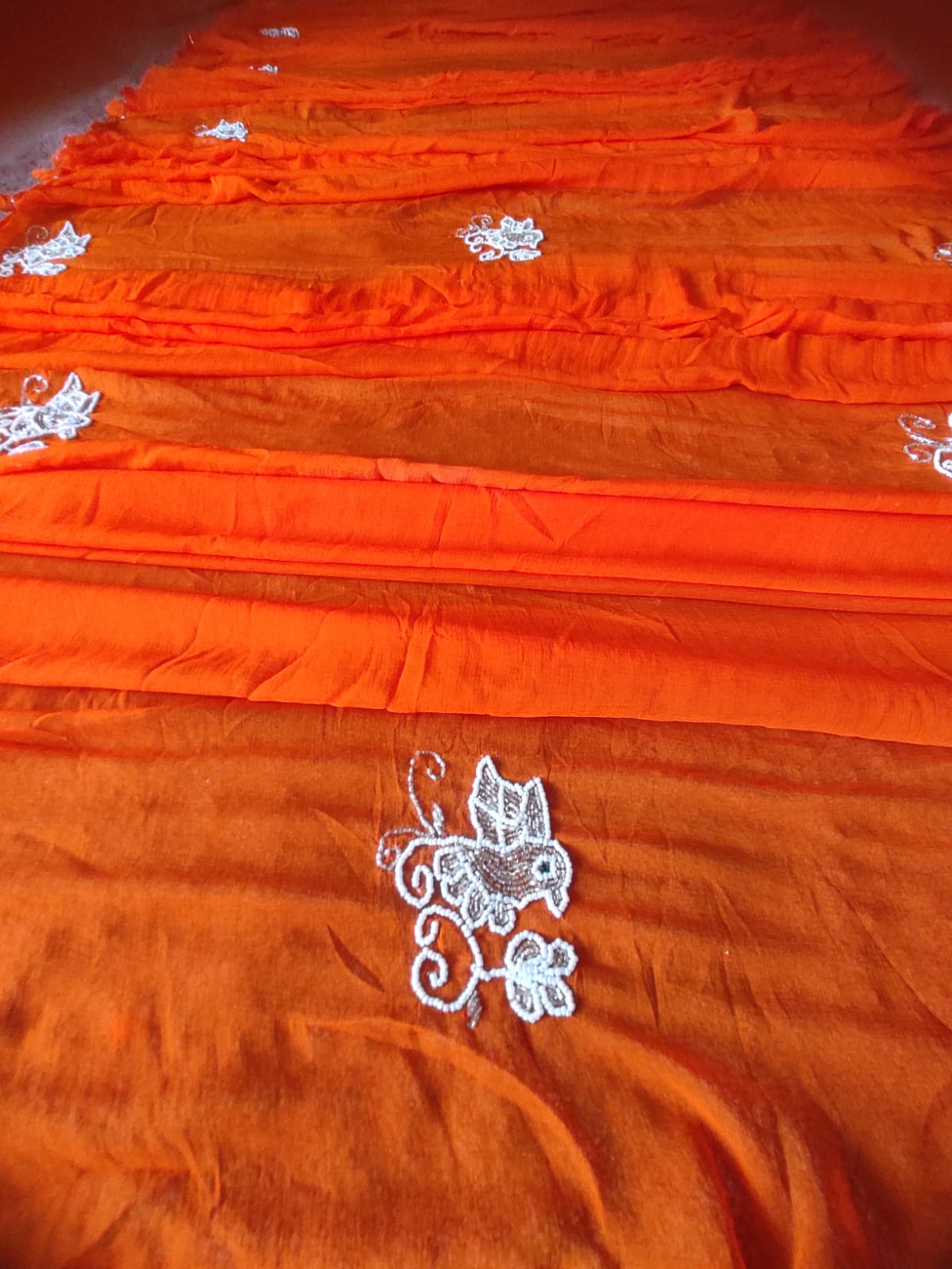 Orange Color Chiffon Saree with Bird Work and Blouse Piece