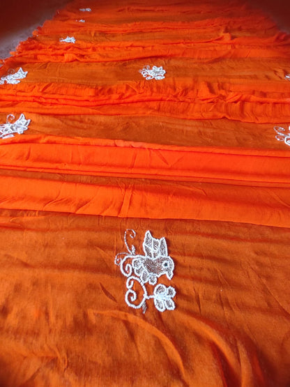 Orange Color Chiffon Saree with Bird Work and Blouse Piece
