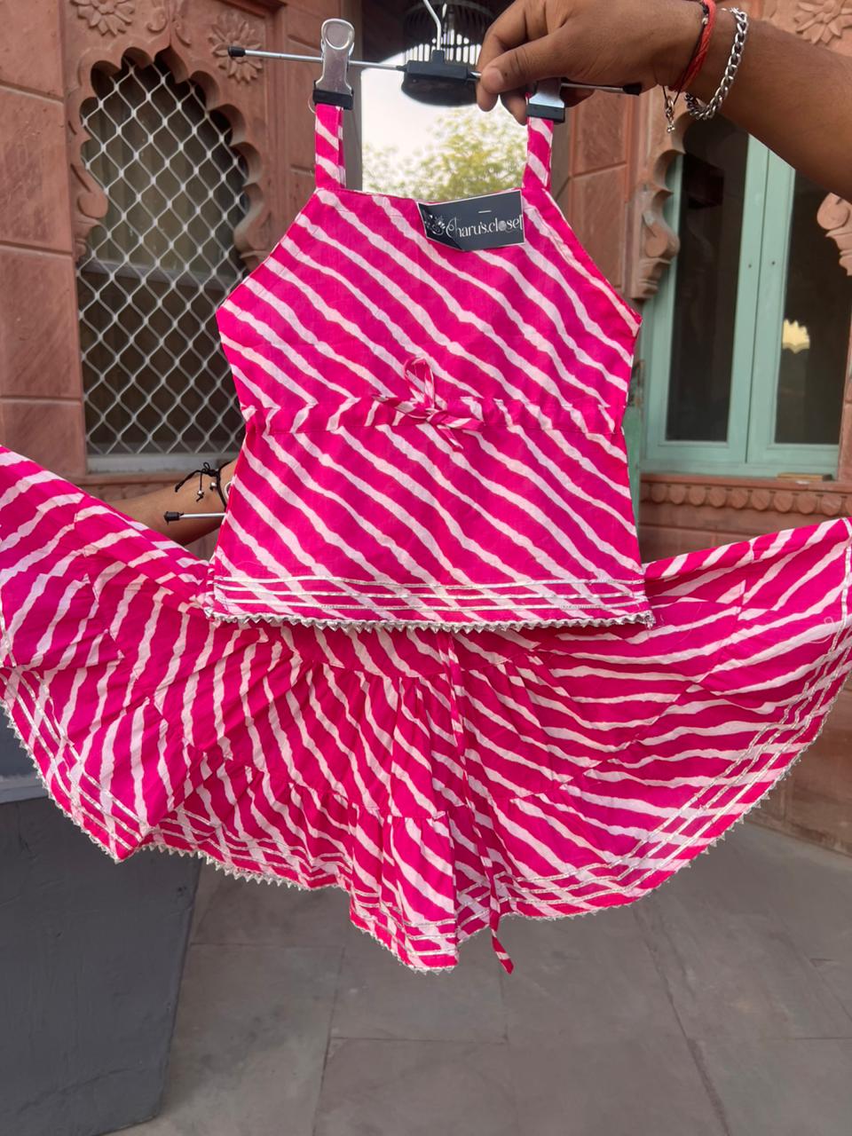 Beautiful Pink Color Cotton Lahariya Kurti and Lehanga