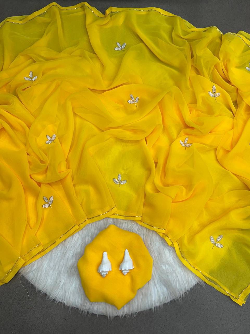 Soft Chiffon Pearl Work (Teen Patti Buti Design) Yellow Saree With Same Fabric Blouse Peice